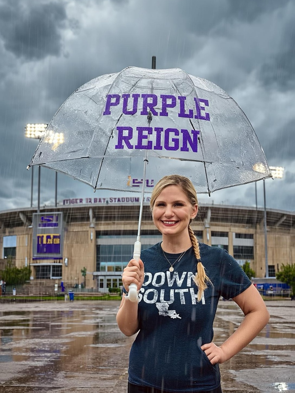 Clear Dome Umbrella with Tiger Purple "Purple Reign" Text - GAME DAY Accents!